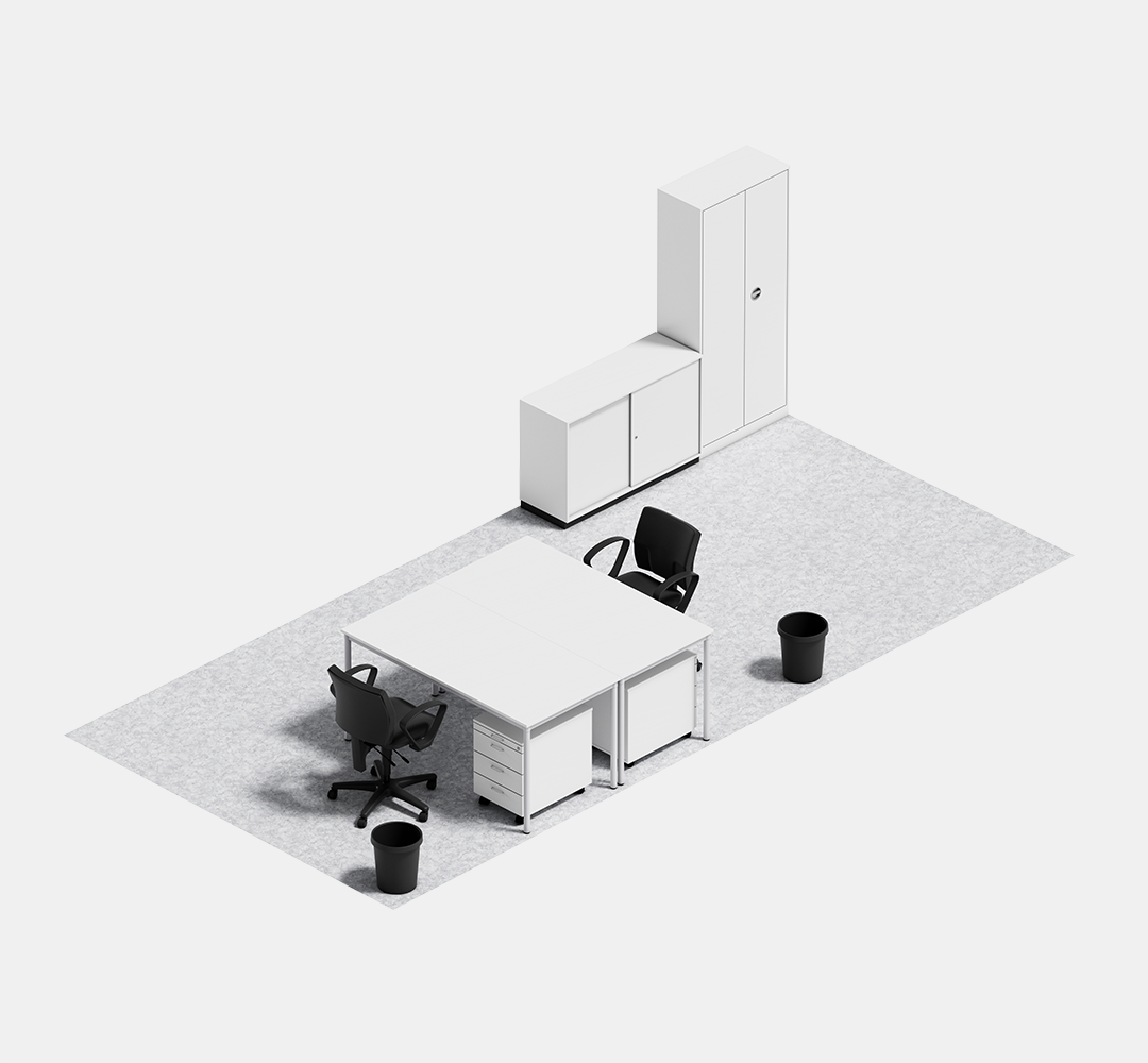Bürocontainer Ausstattung  Bürocontainer mit 2 Tischen à 160 × 78 cm, 2 Rollcontainer, 2 Drehstühle mit Armlehne, 1 Aktenschiebeschrank, 1 Aktenstahlschrank und 2 Papierkörben