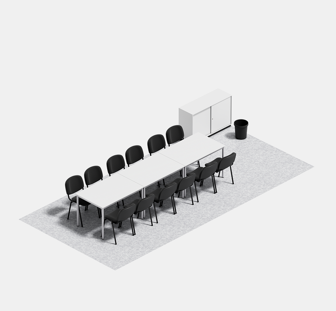 Besprechungsraum Ausstattung Besprechungscontainer mit 3 Tischen à 120 × 78 cm, 12 Polsterstühle, 1 Aktenschiebeschrank, 1 Papierkorb