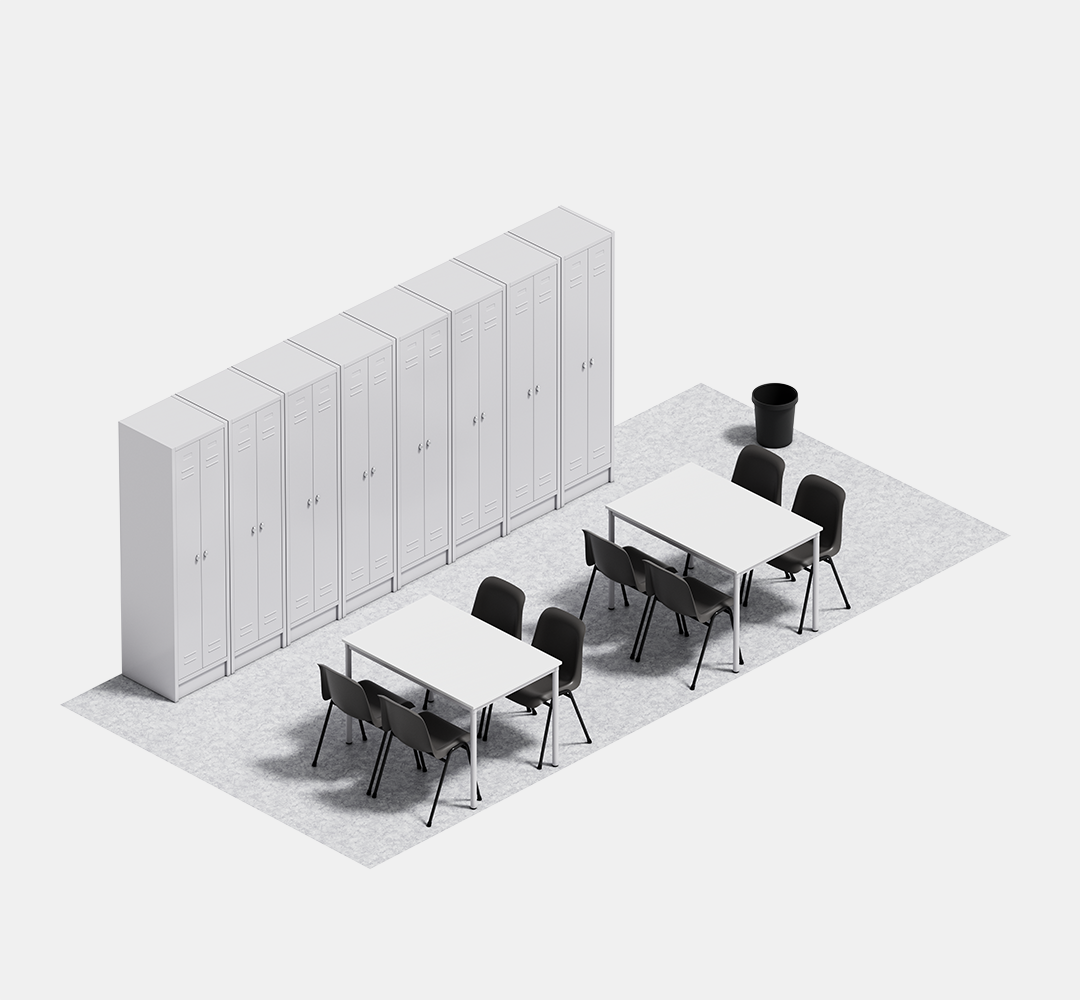 Aufenthaltsraum Ausstattung Aufenthaltscontainer mit 2 Tischen à 120 x 78 cm, 8 Stapelstühle, 8 Spinde und 1 Papierkorb