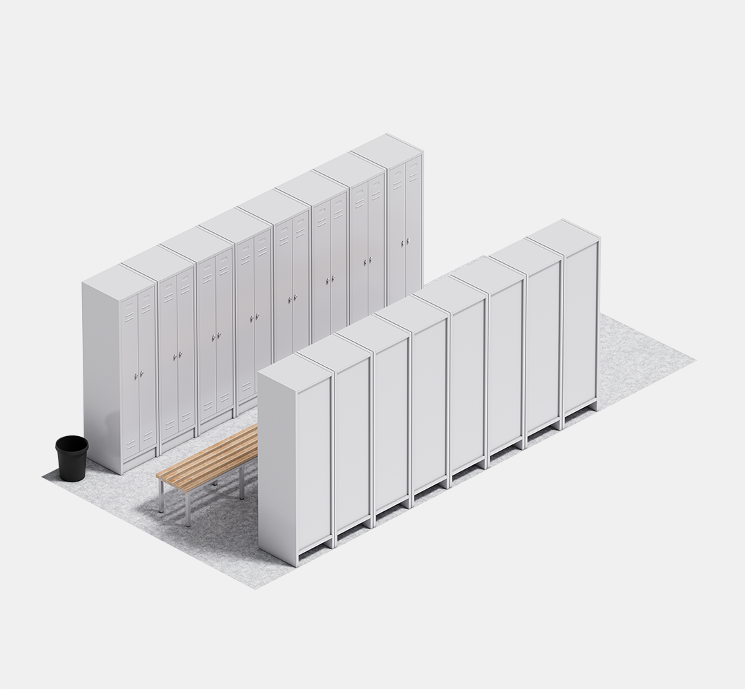 Umkleideraum Ausstattung Umkleidecontainer mit 16 Spinden, 3 Holzbänke und 1 Papierkorb
