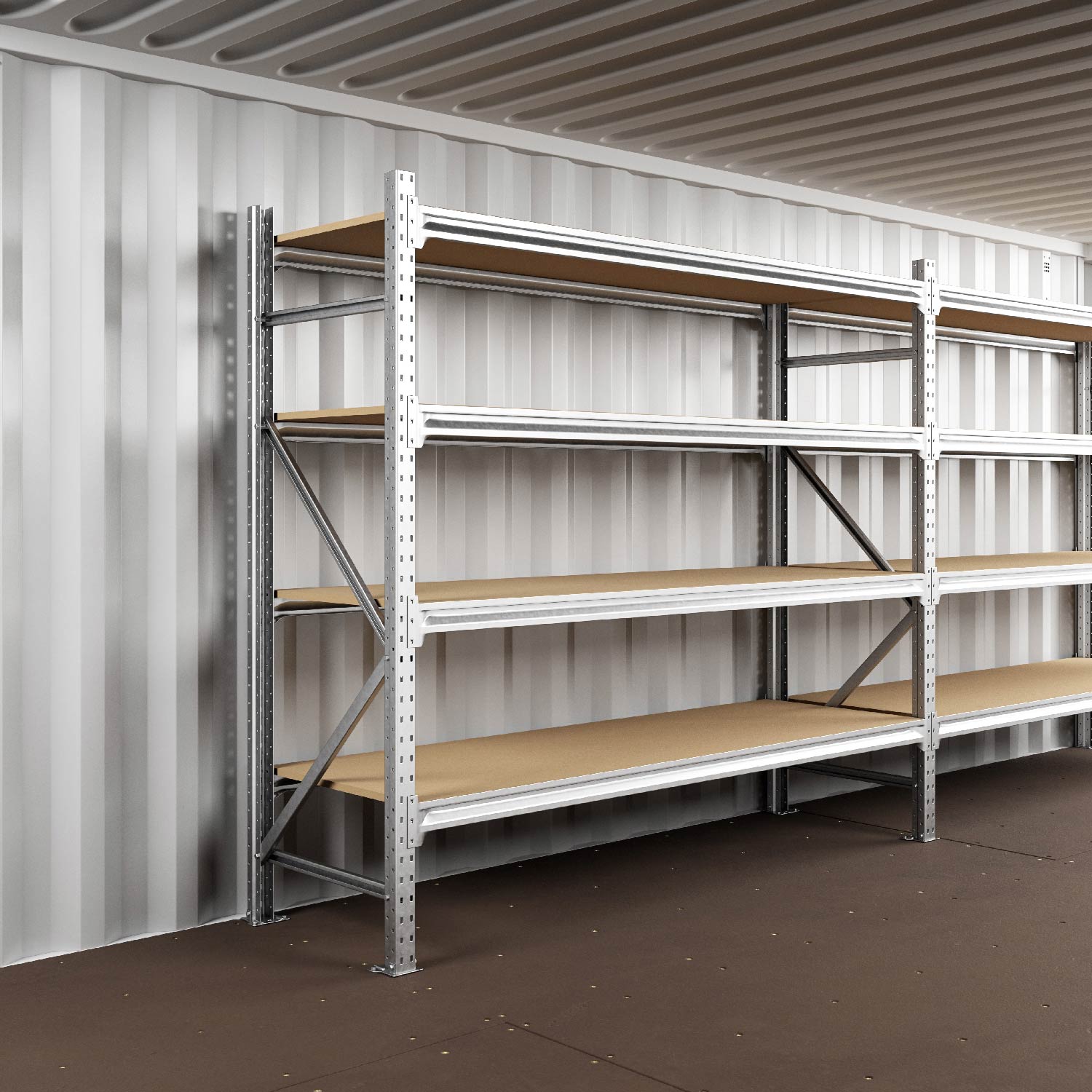 Lagercontainer mit Schwerlastregal Seitenansicht