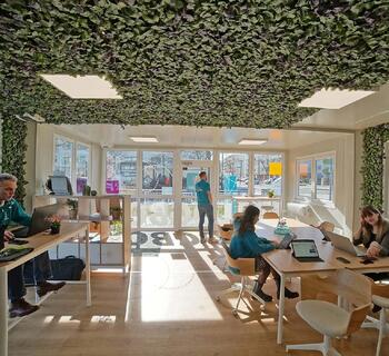 Aufenthaltscontainer mit Pflanzenwand