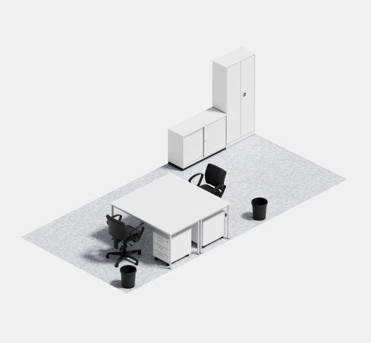 Ausstattung Bürocontainer mit 2 Tische à 160 × 78 cm, 2 Rollcontainer, 2 Drehstühle mit Armlehne, 1 Aktenschiebeschrank, 1 Aktenstahlschrank und 2 Papierkörben