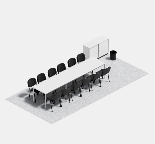 Ausstattung Besprechungscontainer mit 3 Tischen à 120 × 78 cm, 12 Polsterstühle, 1 Aktenschiebeschrank, 1 Papierkorb