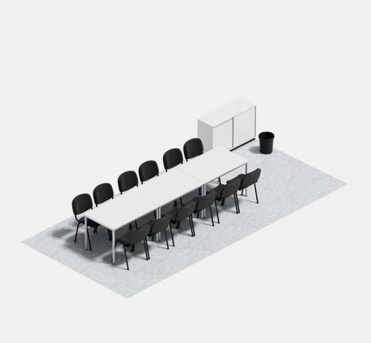 Ausstattung Besprechungscontainer mit 3 Tischen à 120 × 78 cm, 12 Polsterstühle, 1 Aktenschiebeschrank und 1 Papierkorb