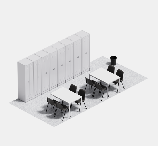 Ausstattung Aufenthaltscontainer mit  2 Tischen à 120 x 78 cm, 8 Stapelstühle, 8 Spinde und 1 Papierkorb