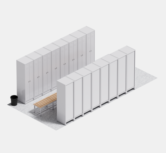 Ausstattung Umkleidecontainer mit 16 Spinden, 3 Holzbänke und 1 Papierkorb