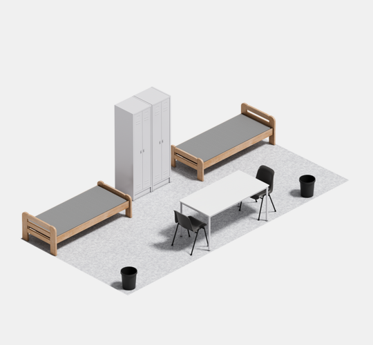 Ausstattung Wohncontainer mit 2 Holzbetten mit Lattenrost 90 x 200 cm, 1 Tisch 1.600 x 780, 2 Stapelstühle, 2 Spinde und 2 Papierkörben