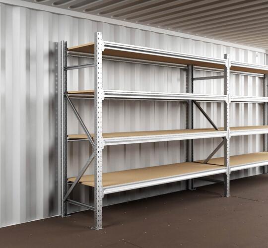 Lagercontainer mit Schwerlastregal Seitenansicht