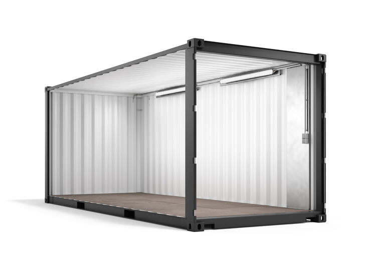 Lagercontainer von Außen mit offener Seite