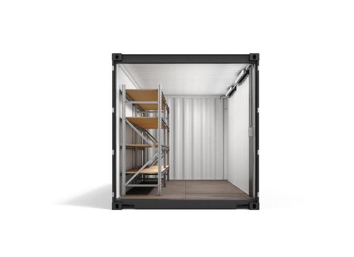 Lagercontainer mit Schwerlastregal in der Seitenansicht