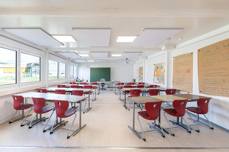 Innenansicht Klassenzimmer mit klassicher Ausstattung - ELA Container