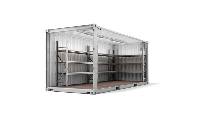 ELA Lagercontainer - Innenansicht schräg auf Regale Lagercontainer Innenansicht schräg auf Regale