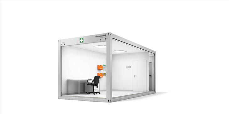 Erste-Hilfe-Container Sanitätscontainer Ansicht schräg offen