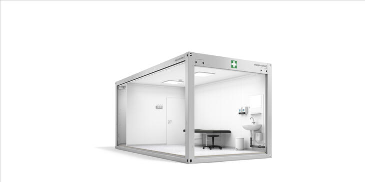 Erste-Hilfe-Container Sanitätscontainer Ansicht schräg offen