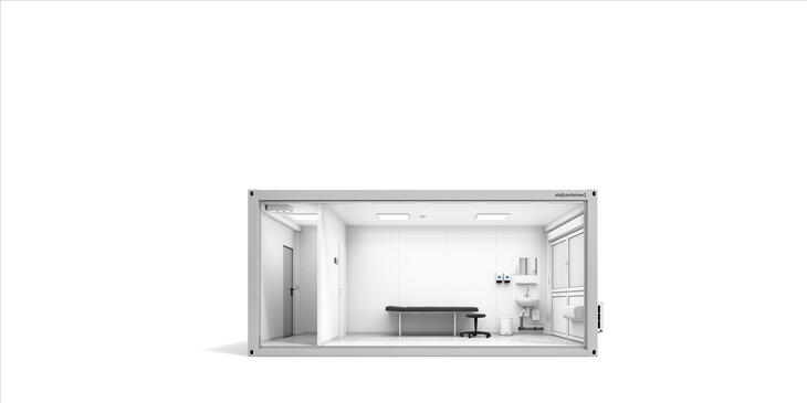 Erste-Hilfe-Container Sanitätscontainer Ansicht Längsseite offen