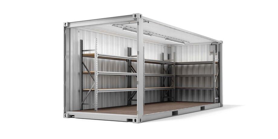 ELA Lagercontainer - Innenansicht schräg auf Regale Lagercontainer Innenansicht schräg auf Regale