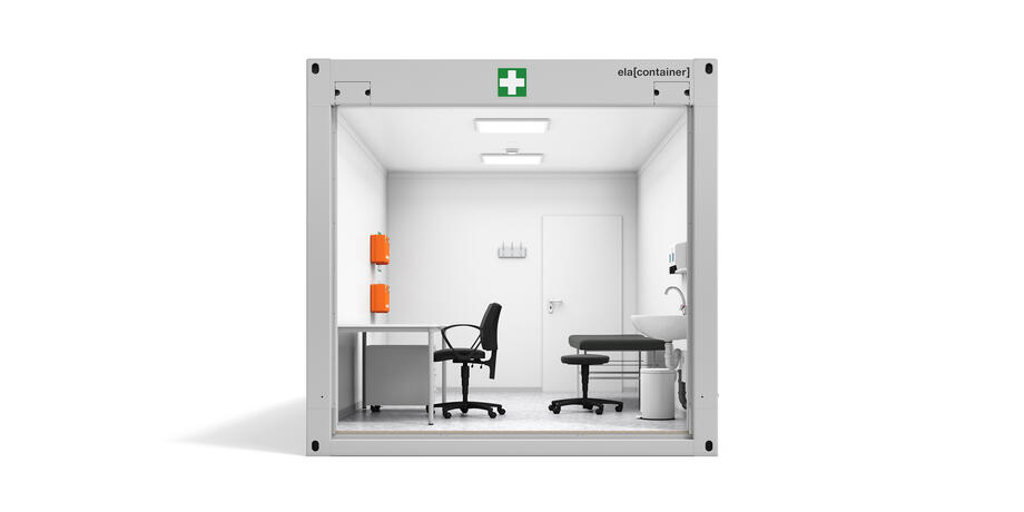 Erste-Hilfe-Container Sanitätscontainer Ansicht Stirnseite offen