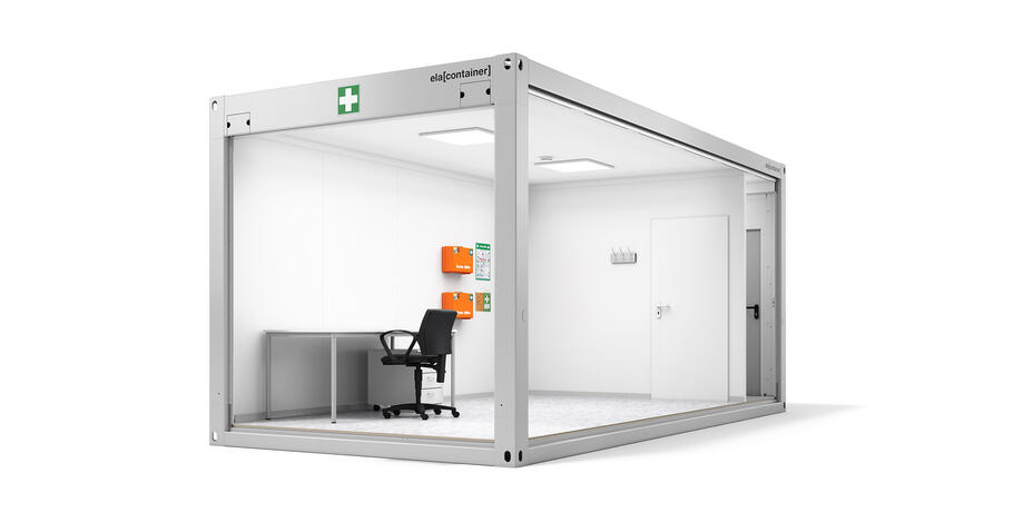 Erste-Hilfe-Container Sanitätscontainer Ansicht schräg offen