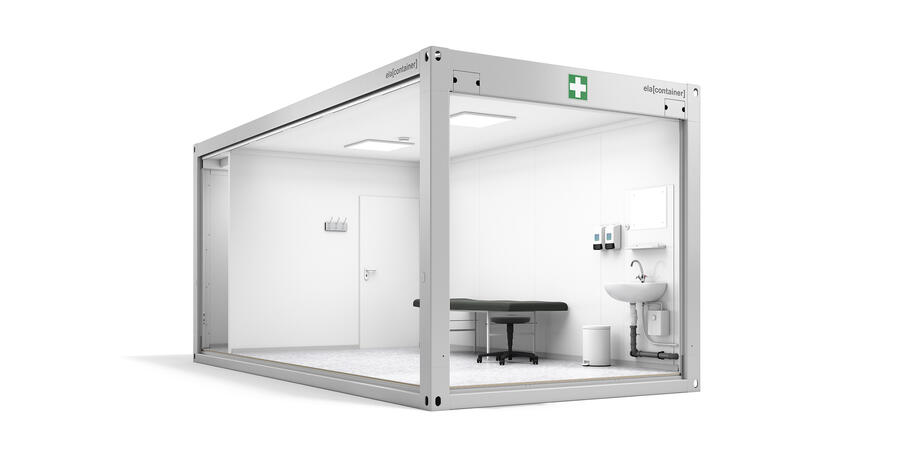 Erste-Hilfe-Container Sanitätscontainer Ansicht schräg offen