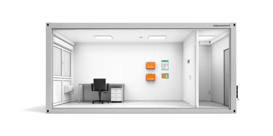 Erste-Hilfe-Container Sanitätscontainer Ansicht Längsseite offen